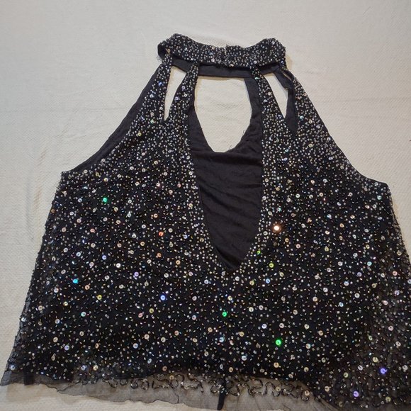ECOTE black with tube beads and sequins woman's dressy top - Picture 1 of 7